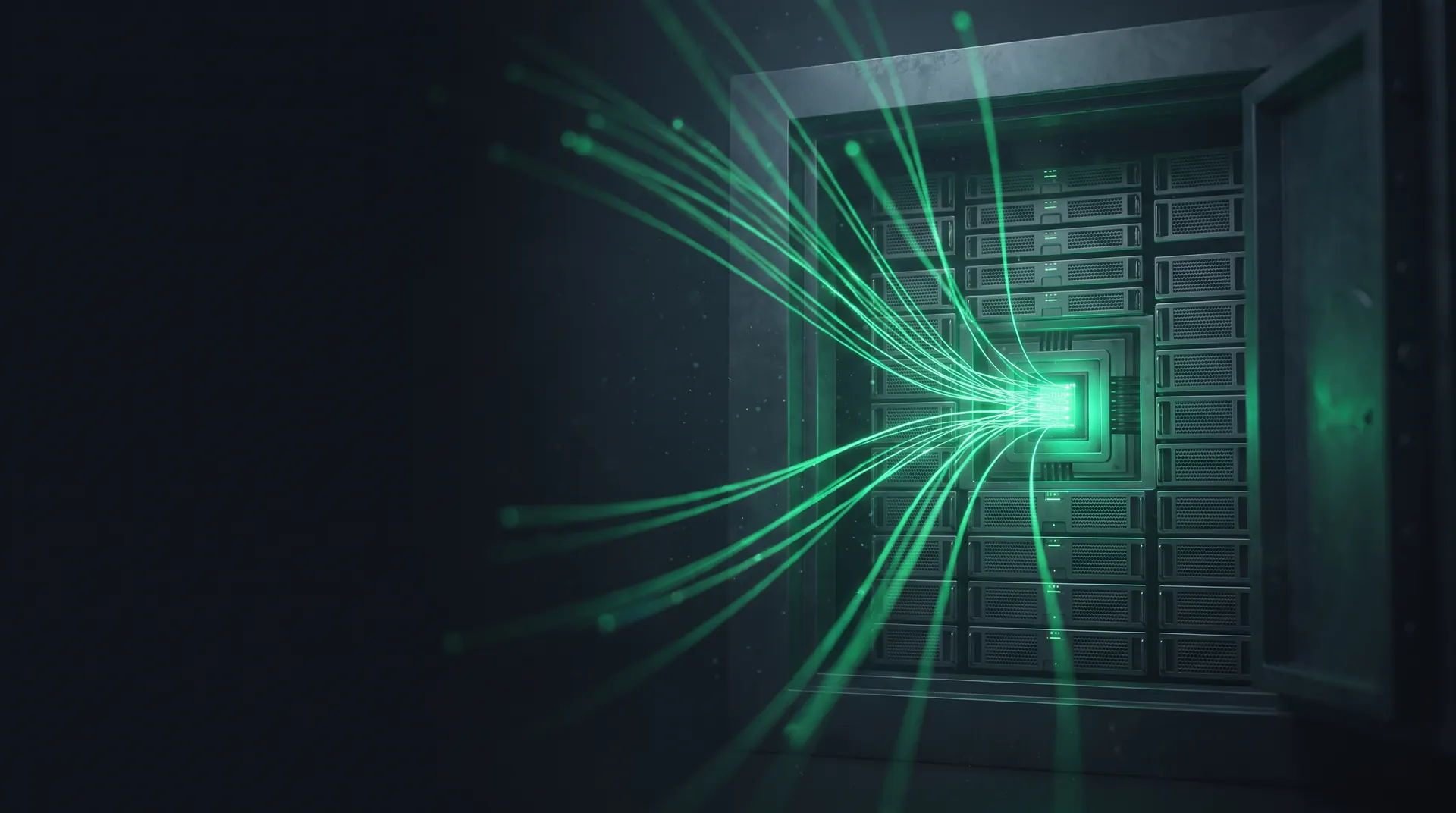 Green data streams flowing into a protected vault of redundant storage, a resilient shielded core keeping the business running