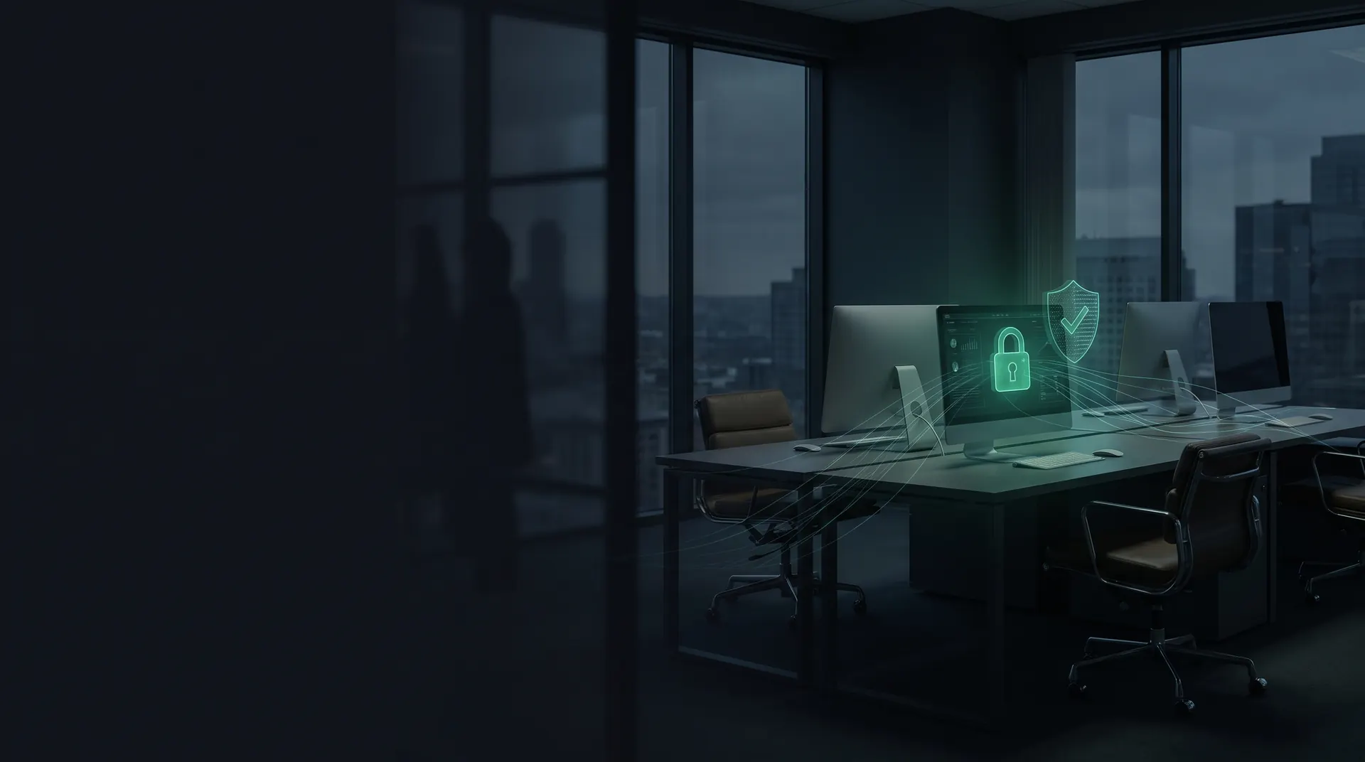 A calm modern finance office at dusk with a secure padlock and shield safeguarding client data on screen