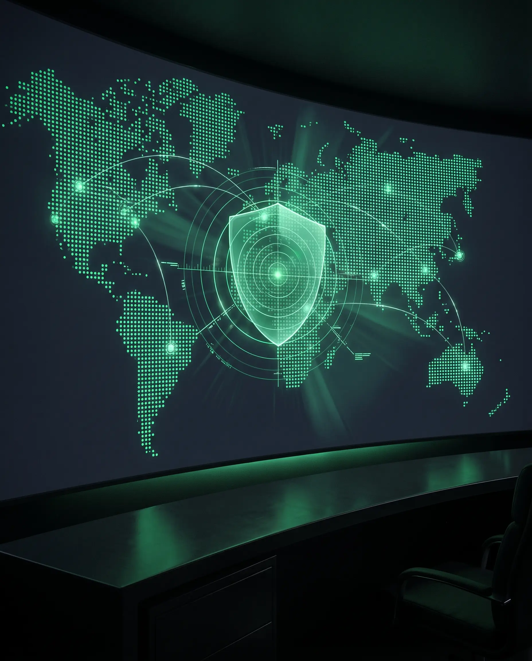A live threat-detection map with a security shield over a global network, the kind of monitoring Huntress runs for Deskport clients